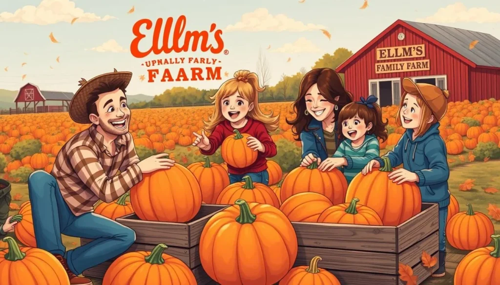 Image of a family picking pumpkins at Ellms Family Farm