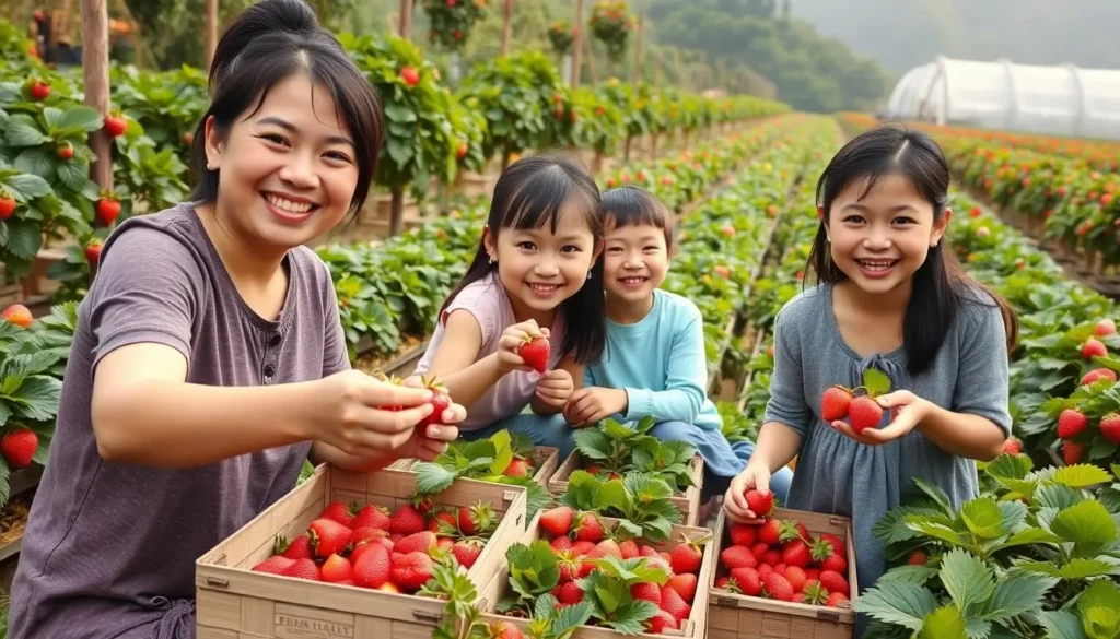 Image of a family picking strawberries at a Dalat farm