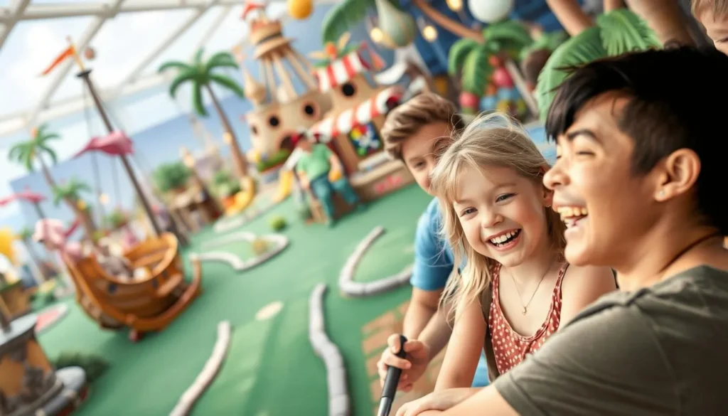 Image of a family playing mini-golf on Topsail Island with a pirate-themed course in the background.