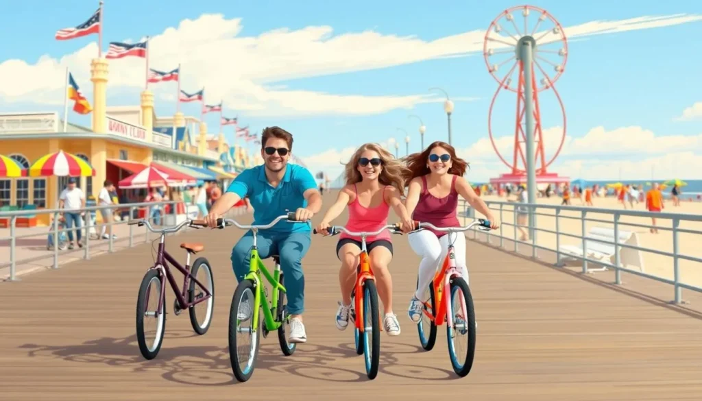 Image of a family riding bikes along Ocean City's boardwalk