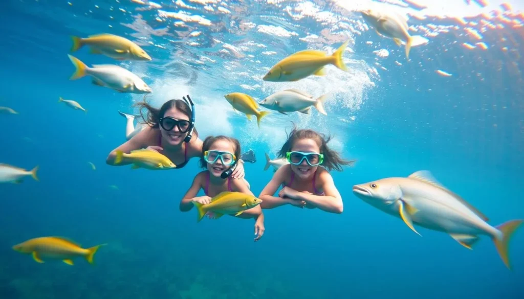 Image of a family snorkeling at Gulfstream Park with clear waters and marine life visible.
