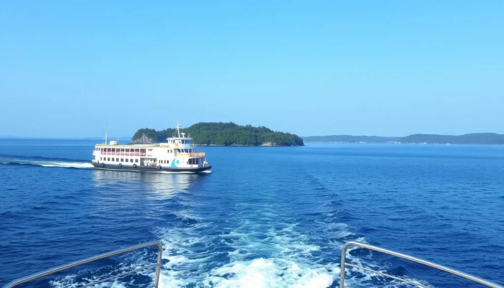 Image of a ferry approaching Ship Island