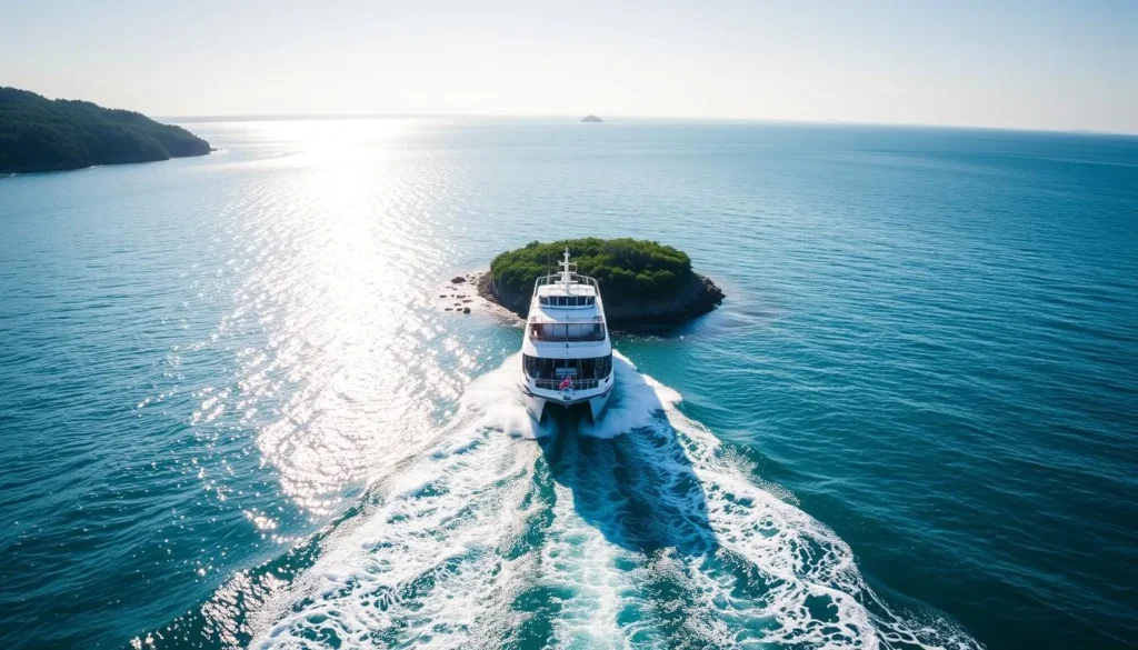 Image of a ferry boat approaching Rabbit Island