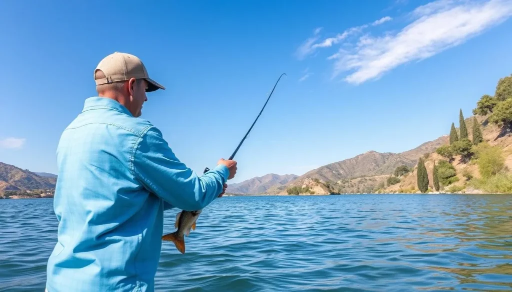 Image of a fisherman catching a fish at Castaic Lake