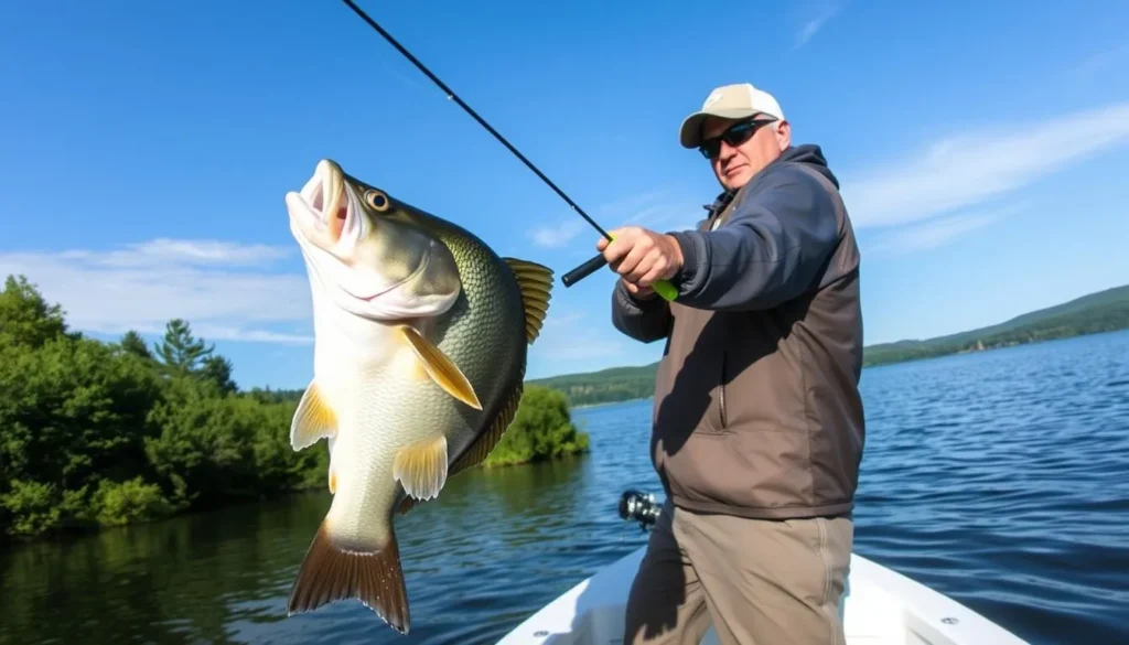 Image of a fisherman catching a large fish at Lake Wallenpaupack