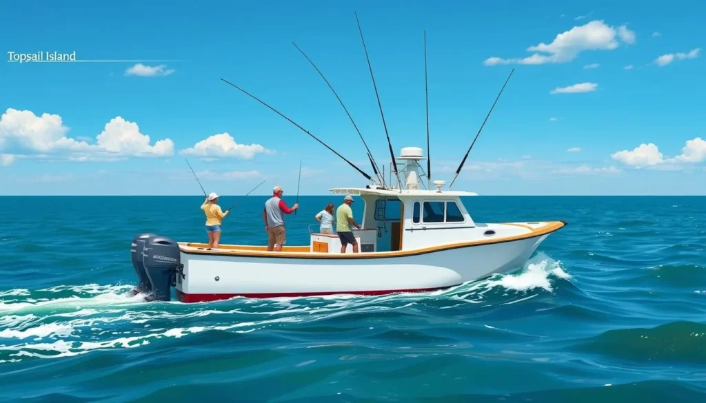 Image of a fishing boat off the coast of Topsail Island with fishermen on board