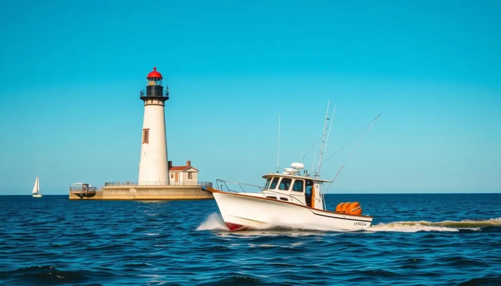 Image of a fishing boat on Lake Erie near Marblehead Lighthouse