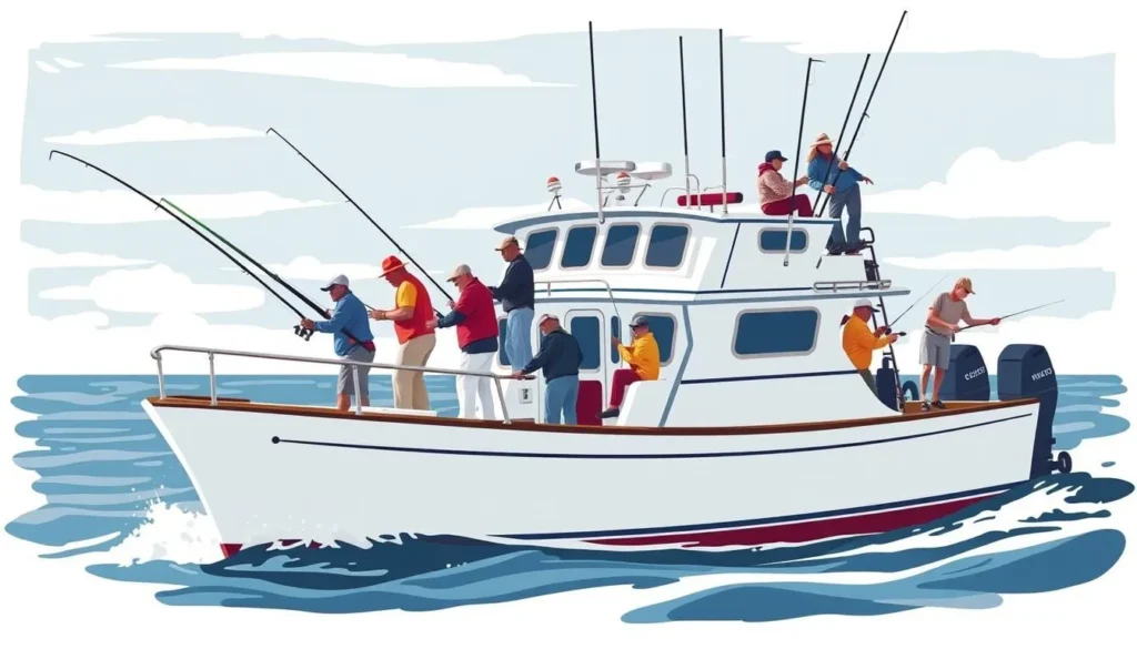 Image of a fishing charter boat in Ocean City, NJ, with fishermen on board
