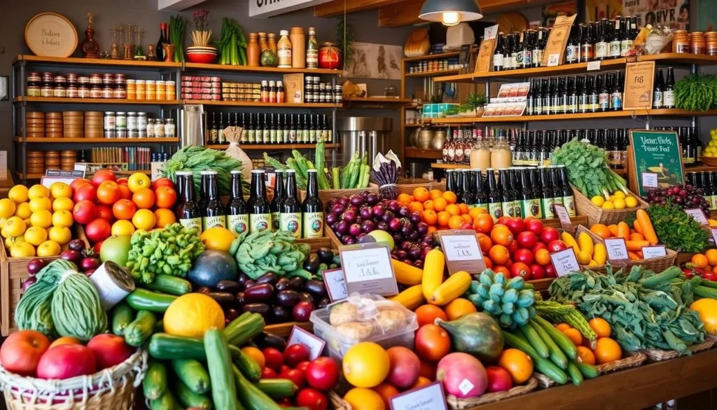 Image of a flight of craft beers or a selection of local produce at Yachats Brewing + Farm Store