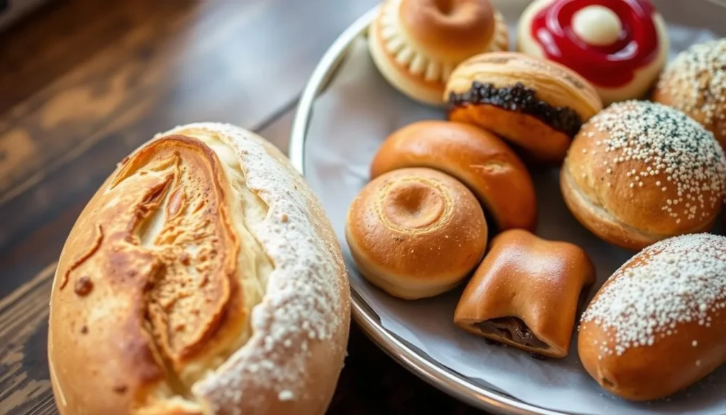 Image of a freshly baked loaf of bread or a tray of assorted pastries from Bread & Roses Bakery