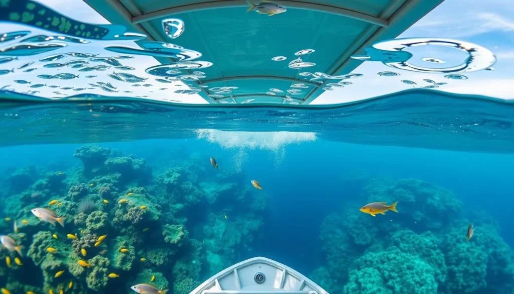 Image of a glass-bottom boat tour around Koh Larn, showcasing coral reefs and diverse marine life.
