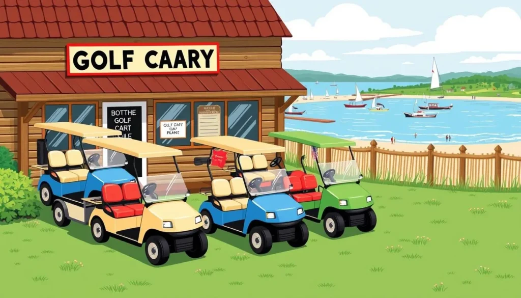 Image of a golf cart rental agency on Put-in-Bay with various carts available