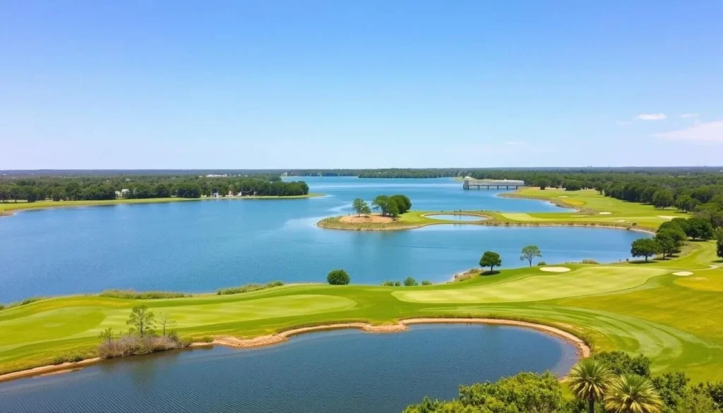Image of a golf course in Gulfport, Mississippi, with a serene lake and lush greenery.