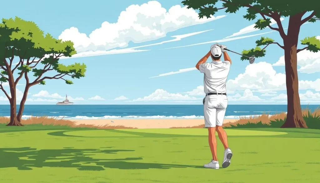 Image of a golfer teeing off at a coastal golf course near Hampton Beach