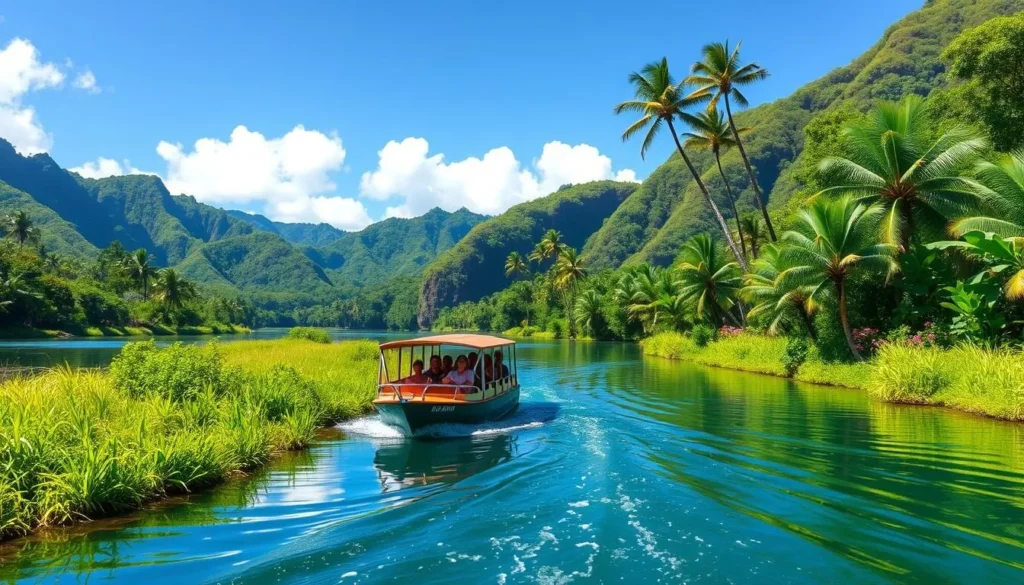 Image of a guided boat tour navigating through the Wailua River