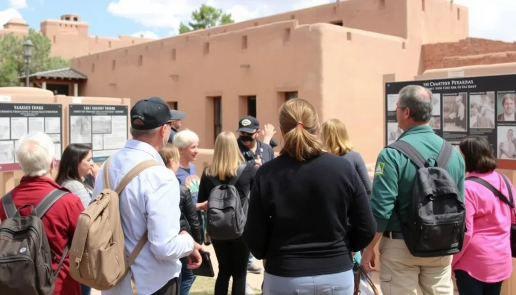 Image of a guided tour group at a historic site in Los Alamos