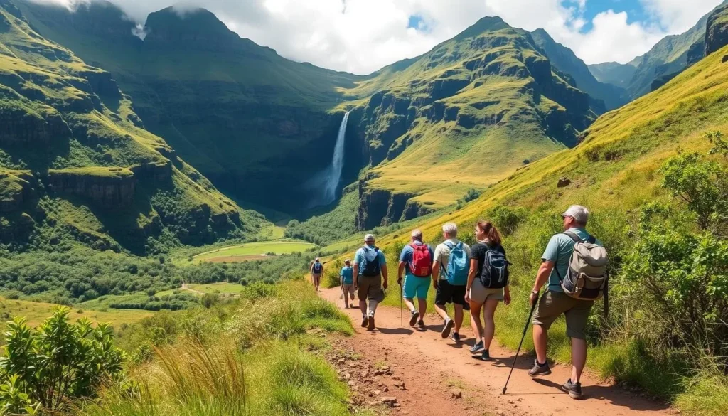 Image of a guided tour group hiking through Hālawa Valley towards Mo'oula Falls