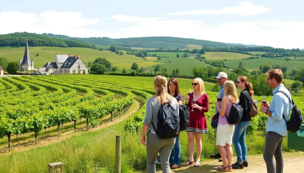 Image of a guided wine tour in the Loire Valley, featuring a knowledgeable guide and a group of visitors tasting wine at a picturesque vineyard.