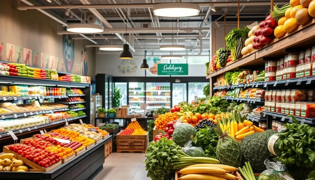 Image of a health food store with fresh produce and ready-made meals