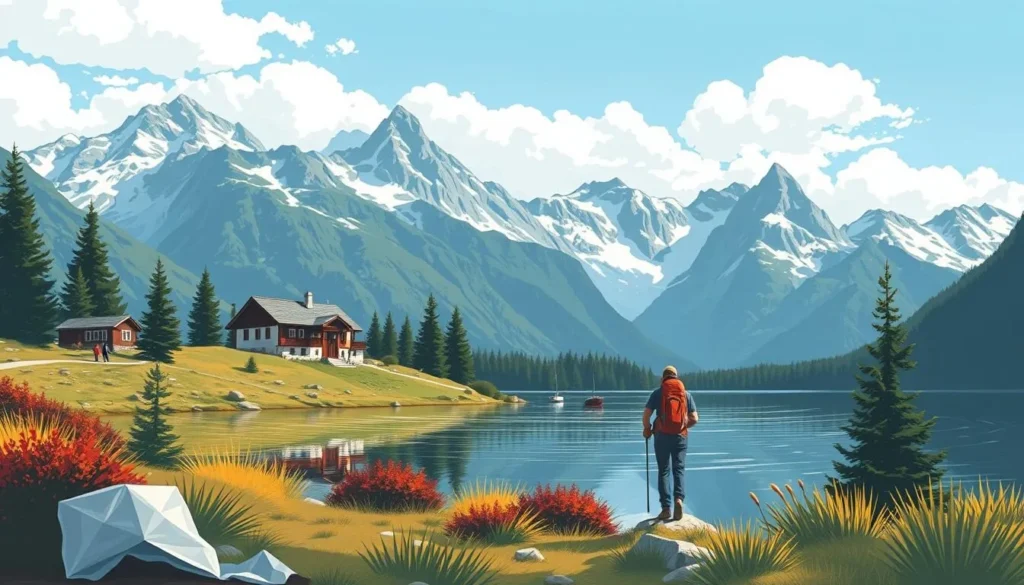 Image of a hiker at Limmernsee lake with Muttsee Hut in the background