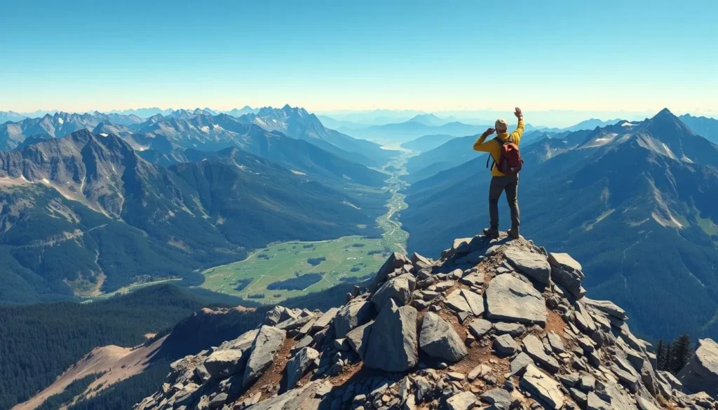 Image of a hiker at the summit of a Cascade Mountain peak