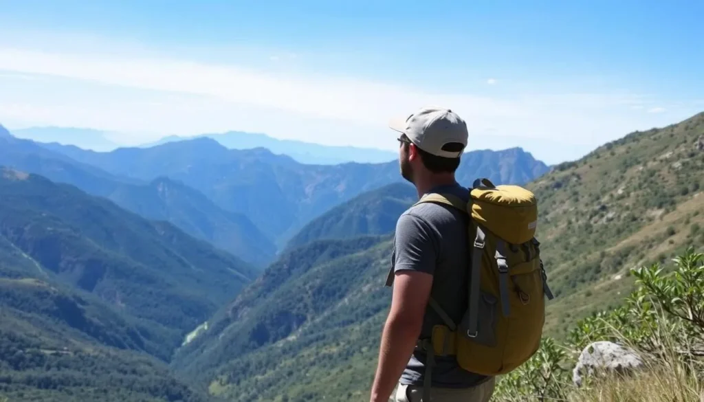 Image of a hiker in the Reserva de la Biosfera Sierra Gorda, with a scenic mountainous backdrop