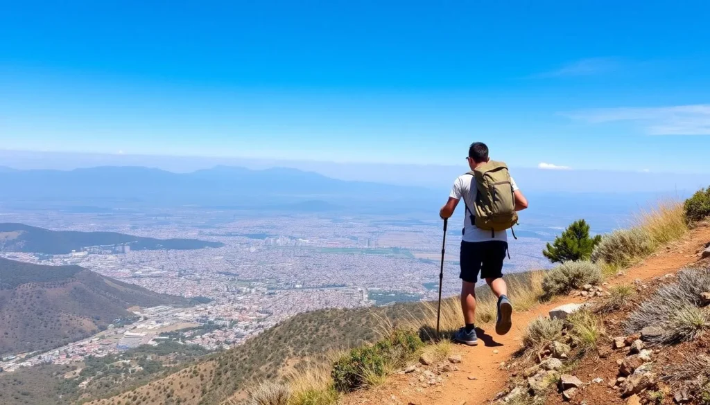 Image of a hiker on La Paila Mountain trail with Pachuca cityscape in the background