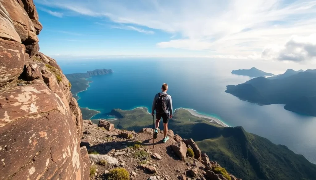 Image of a hiker on a summit trail in the Austral Islands with 360-degree ocean views