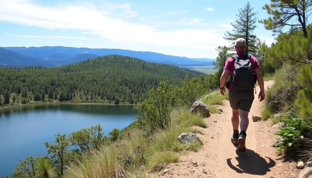 Image of a hiker on a trail around Spanish Flat Reservoir