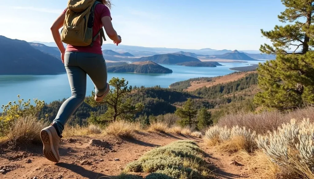 Image of a hiker on a trail near a reservoir in Santa Clara County