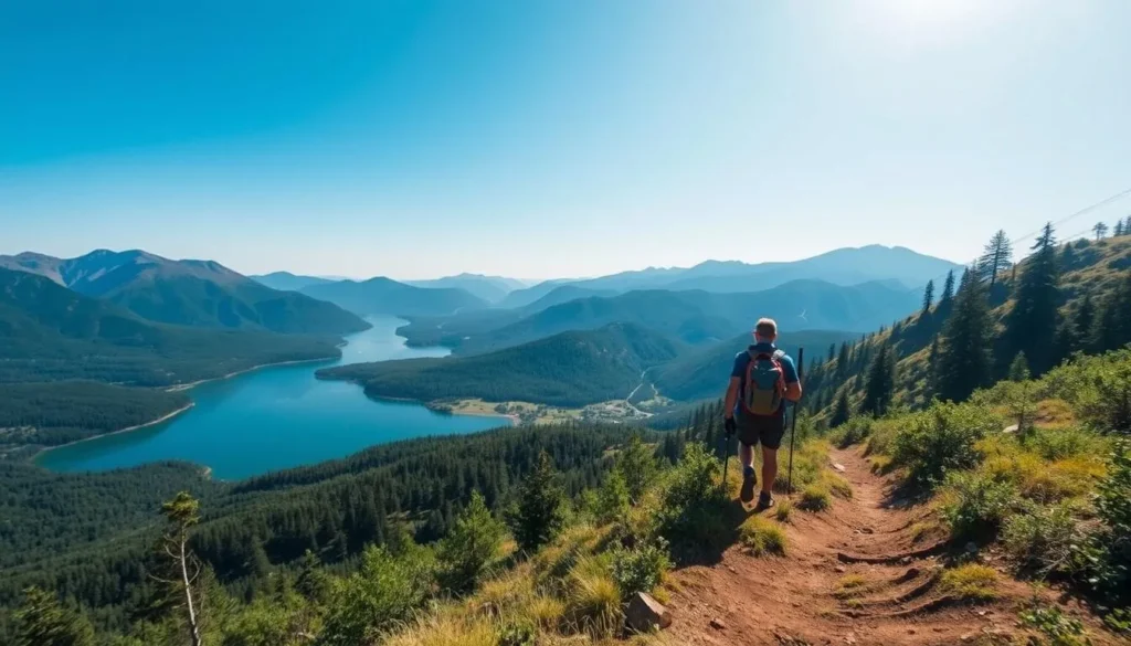Image of a hiker on a trail overlooking Mountain Meadows Reservoir.