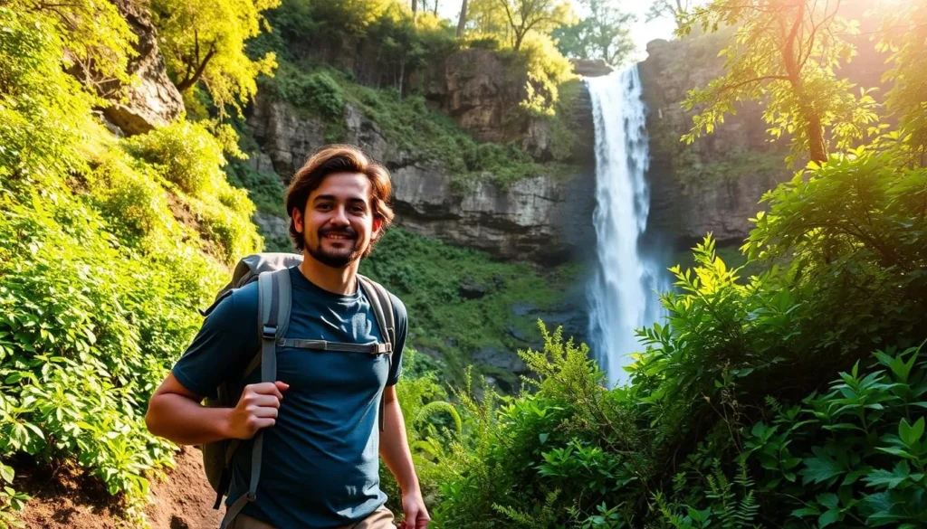 Image of a hiker on a trail with a stunning waterfall in the background