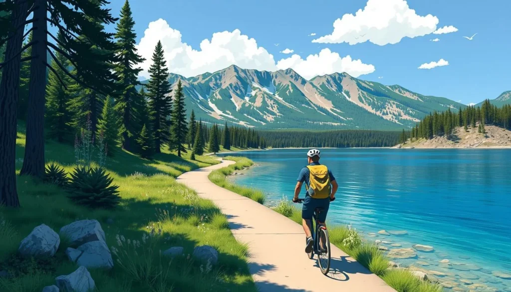 Image of a hiker on the Alpine Pedal Path along Big Bear Lake