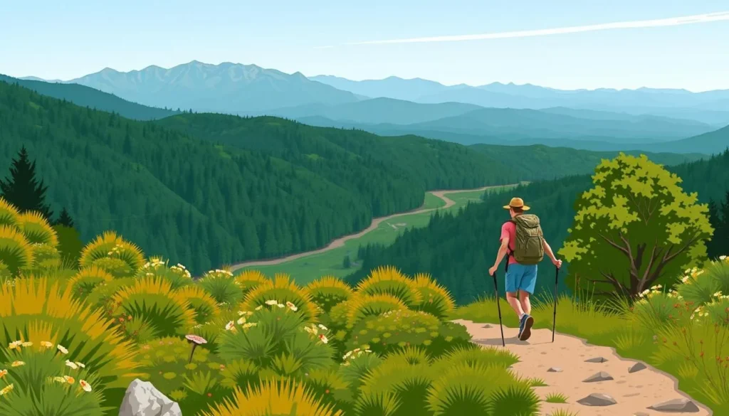 Image of a hiker on the Coffee Creek Recreational Trail, with a beautiful landscape.