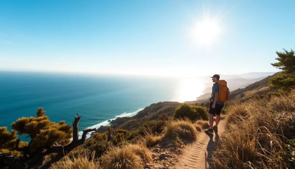 Image of a hiker on the Cowell-Purisima Coastal Trail with the Pacific Ocean in the background