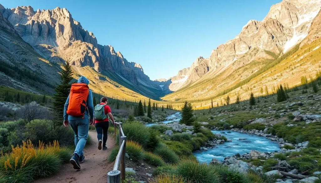 Image of a hiker on the Fish Creek Trail, with a backdrop of mountains and a creek.