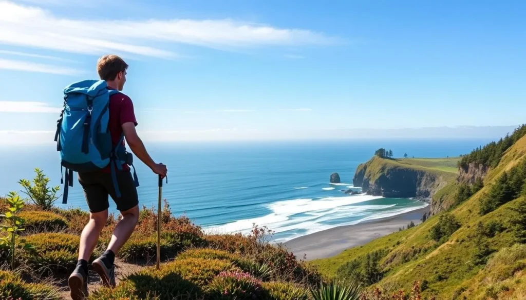 Image of a hiker on the Tillamook Head Trail with a scenic ocean view