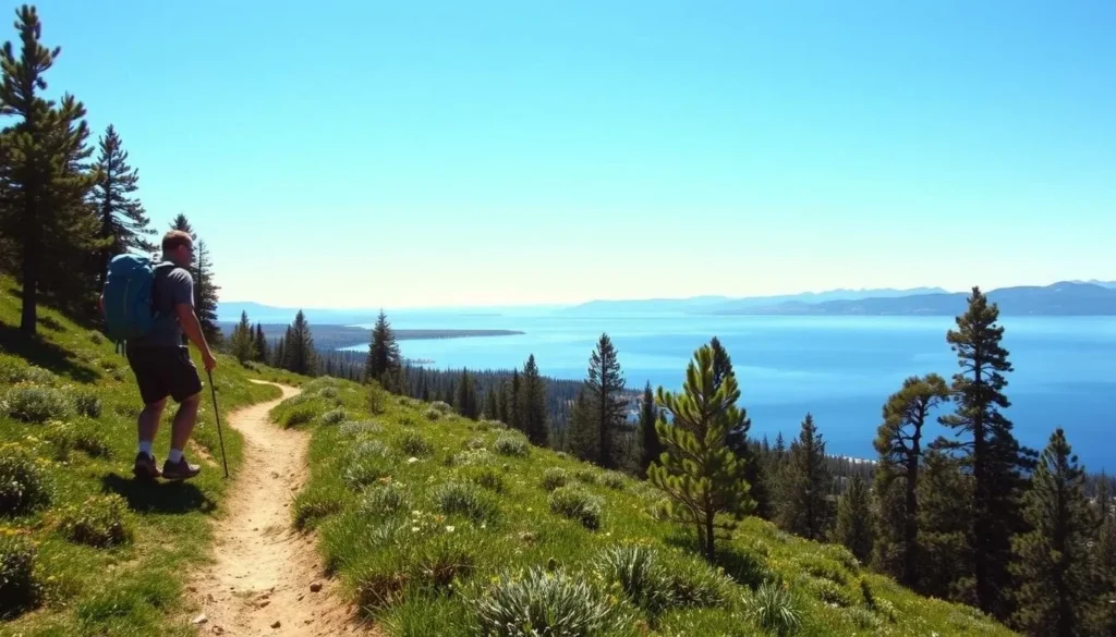 Image of a hiker on the trail with Lake Tahoe in the background
