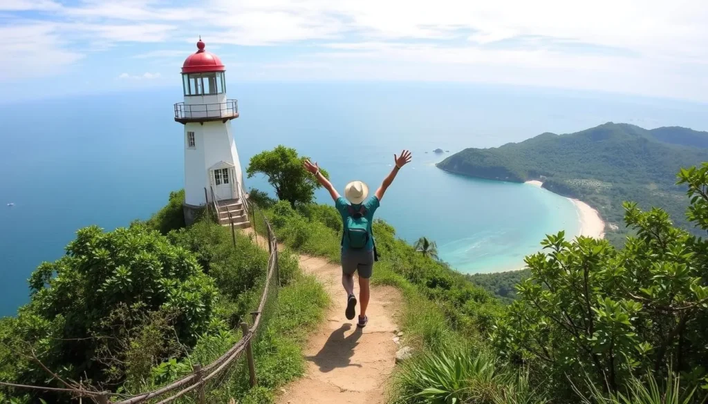 Image of a hiker reaching the Koh Rong Samloem lighthouse