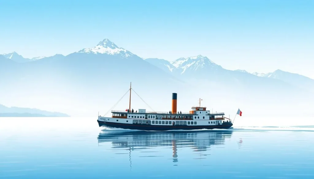 Image of a historic paddle steamer cruising on Lake Thun with the Bernese Alps in the background