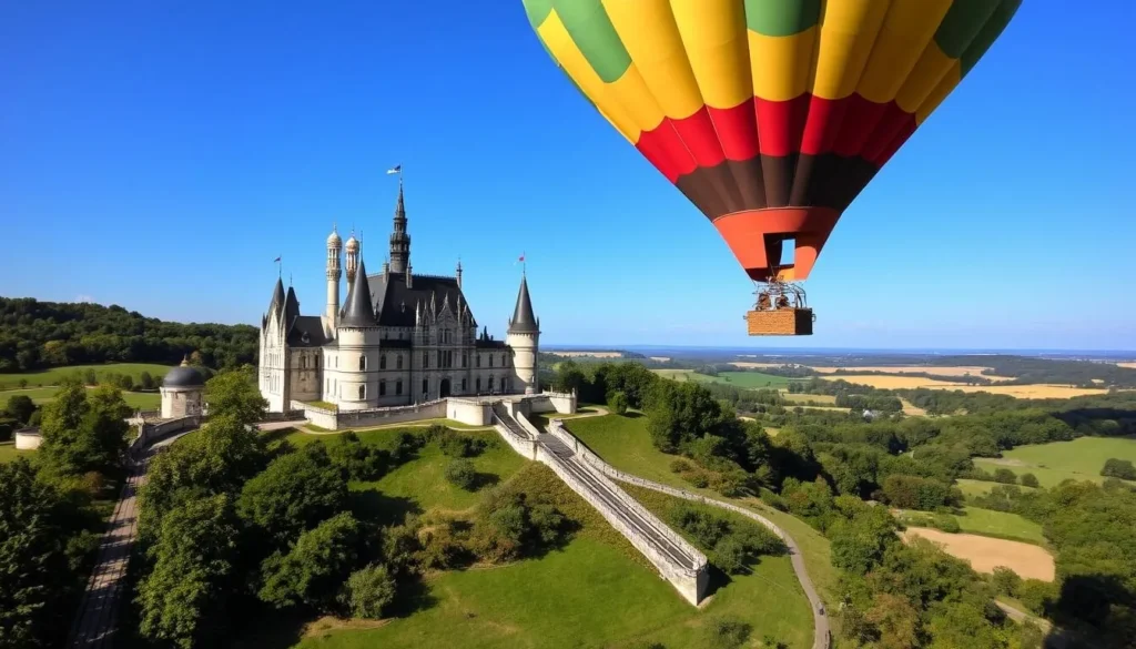 Image of a hot air balloon flying over Château de Chambord