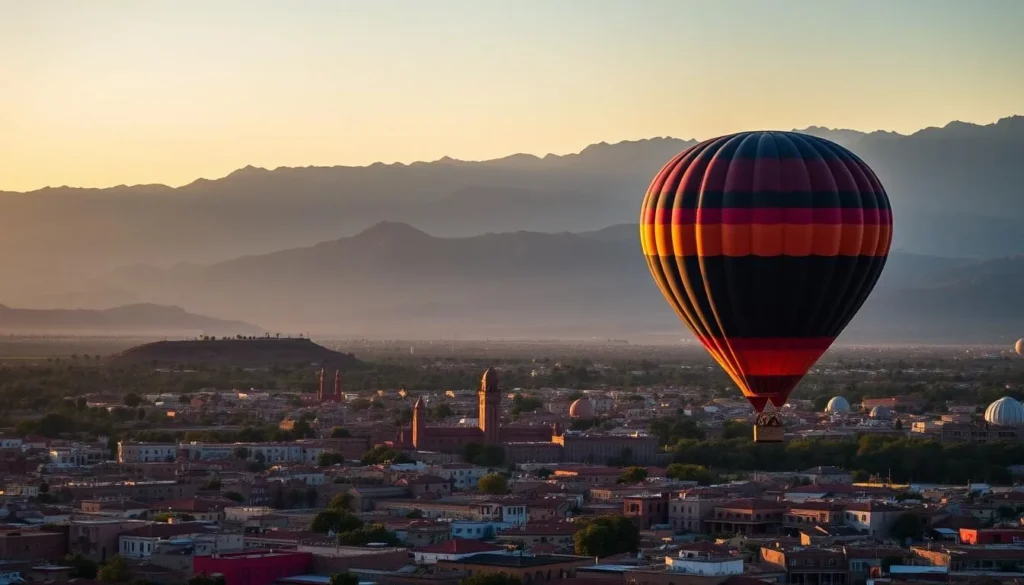 Image of a hot air balloon flying over Marrakech at sunrise with the Atlas Mountains in the background.
