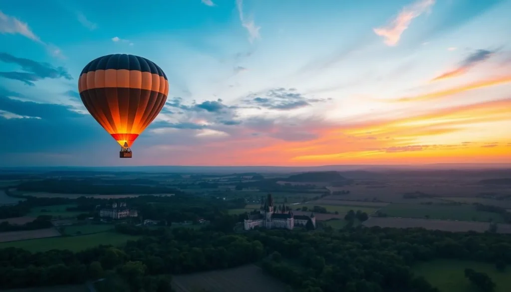 Image of a hot air balloon flying over the Loire Valley at sunrise