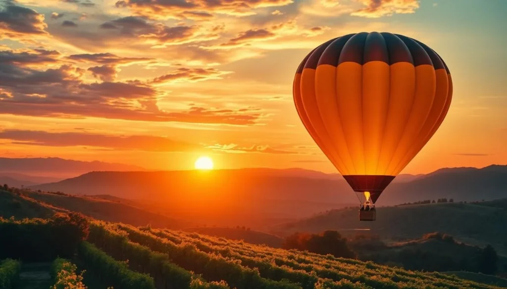 Image of a hot air balloon soaring above the vineyards of the Great Valley Range at sunrise.