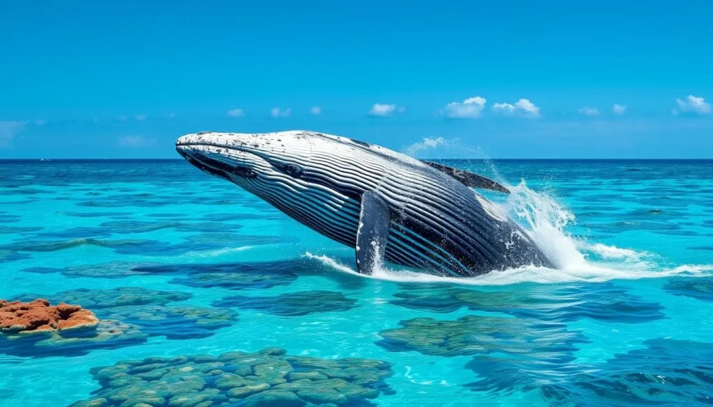 Image of a humpback whale breaching in Coral Bay