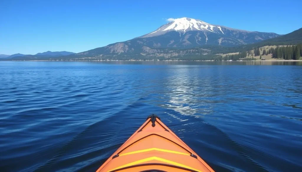 Image of a kayak gliding across Lake Siskiyou with Mount Shasta in the background