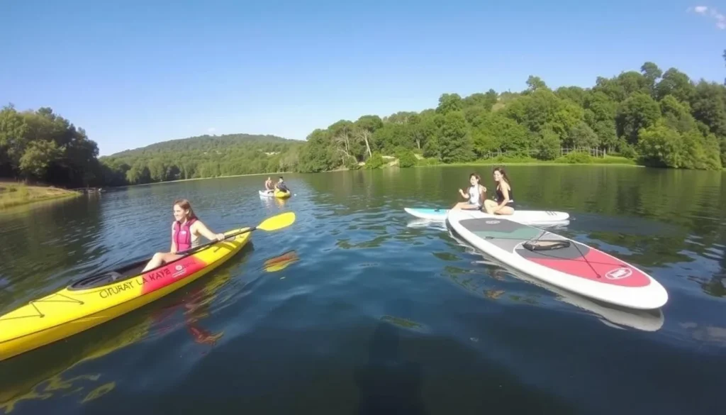 Image of a kayak or stand-up paddleboard on Georgetown Lake with a few people enjoying the water