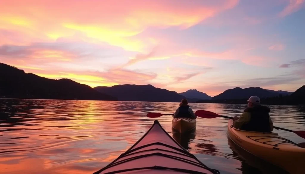 Image of a kayak tour during sunset on the Columbia River
