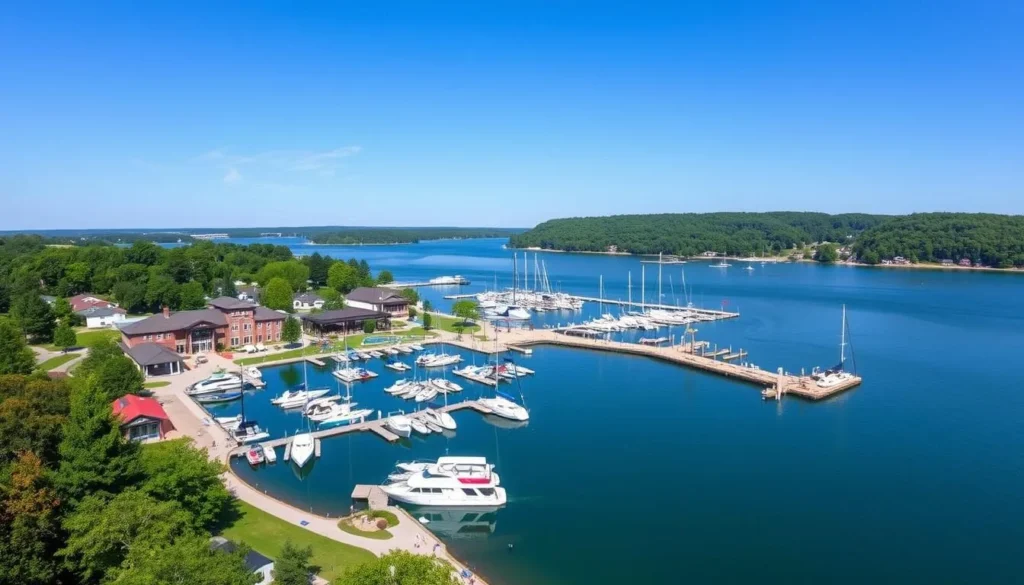 Image of a lakeside resort at Lake of the Ozarks with a marina and water sports facilities