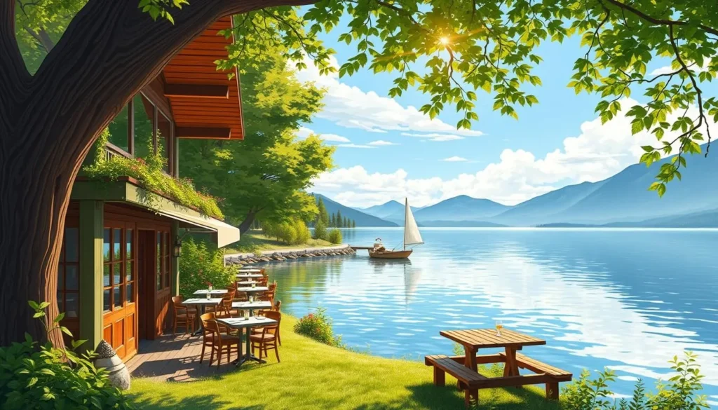 Image of a lakeside restaurant with a beautiful view of Lake Sempach